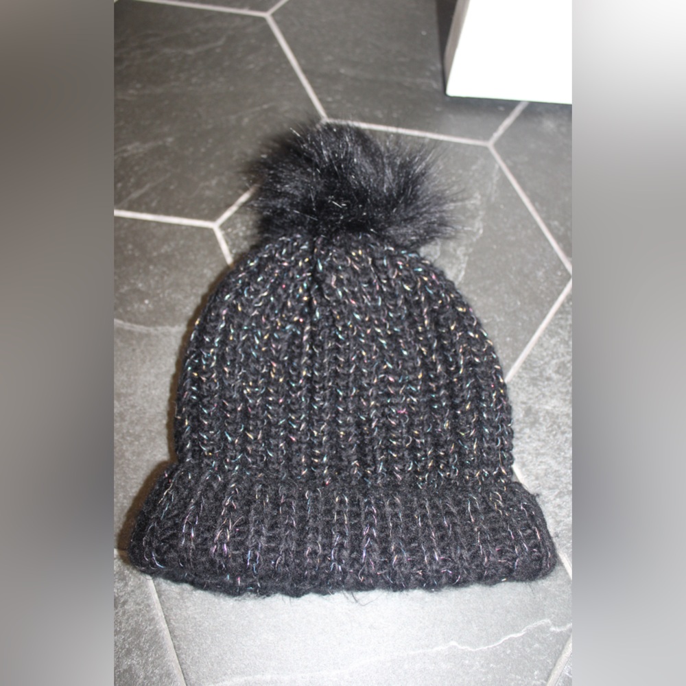 Modern Expressions Black Knit Beanie with Colorful Flecks & Faux Fur Pom-Pom